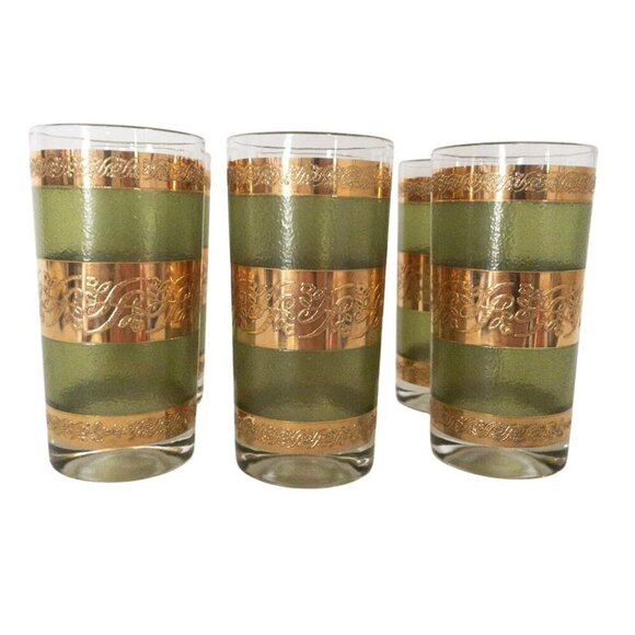 Vintage Starlyte Mid-Century Gold & Green Highball Glasses Set Of 6 - Picture 1 of 10